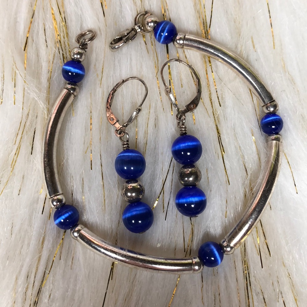 925 bluecats eye chrysoberyl earrings/bracelet set